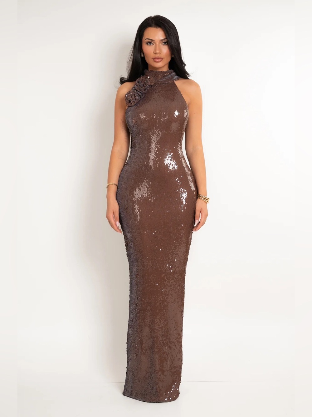 Labelnue Brown Sequin Dress with Flower Detail - Lenora Brown dress